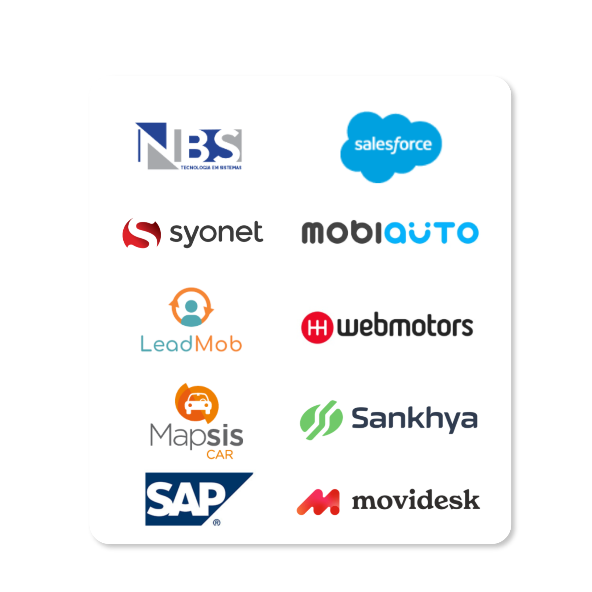Logos de sistemas integrados Next IP: NBS, Salesforce, Syonet, Mobiauto, SAP, Sankhya, Movidesk e mais